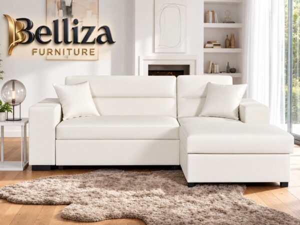 Belliza White Leather Sectional Sofa Bed with Chaise