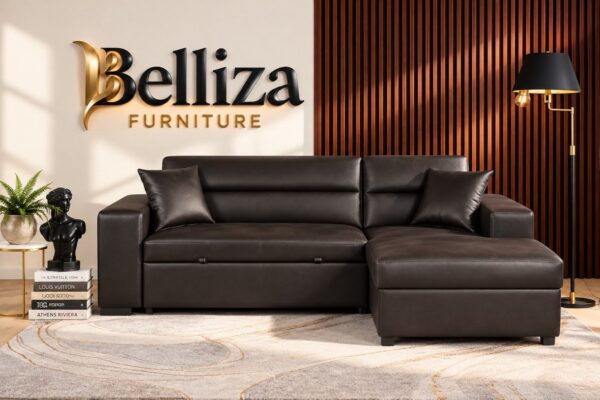 Belliza Dark Brown Leather Sectional Sofa Bed with Chaise