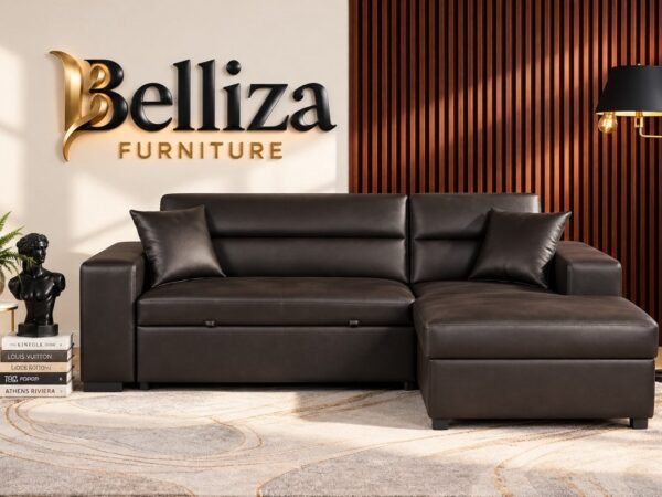 Belliza Dark Brown Leather Sectional Sofa Bed with Chaise