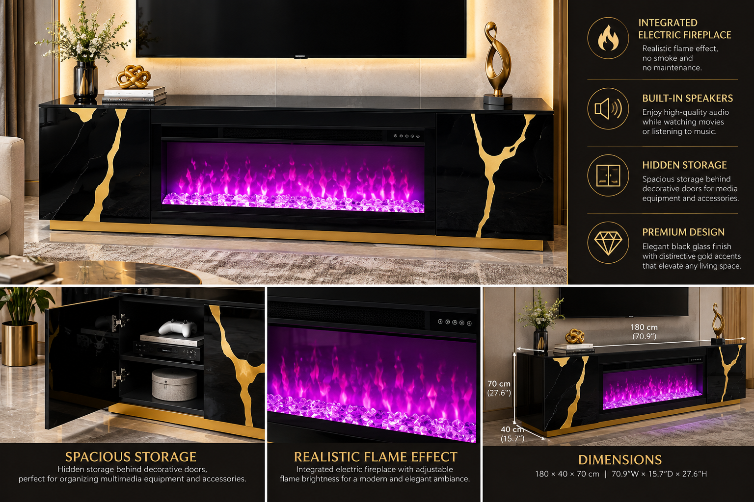 CBS25702 Modern Fireplace TV Stand with Built-In Speakers – Black & Gold 71”
