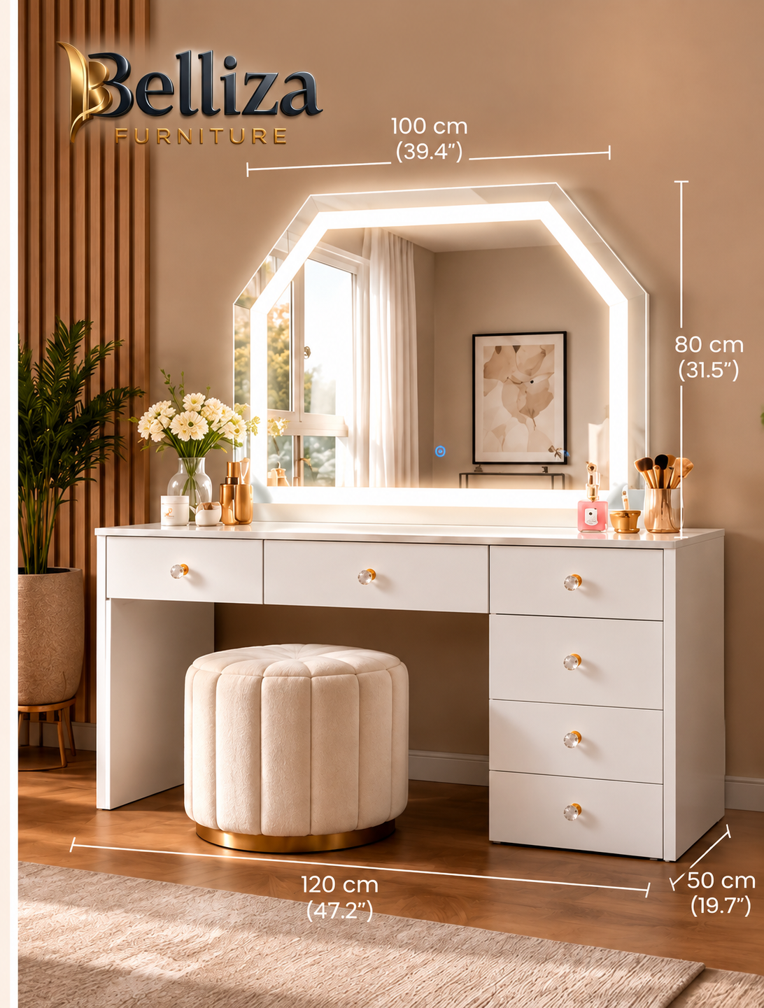 Modern White LED Vanity Set with Bluetooth Speaker & Storage — wholesale furniture for dealers