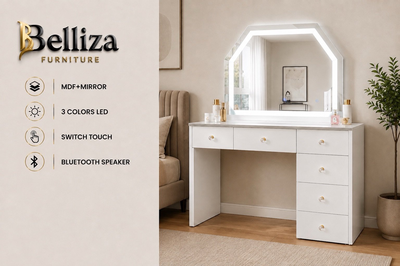 Modern White LED Vanity Set with Bluetooth Speaker & Storage