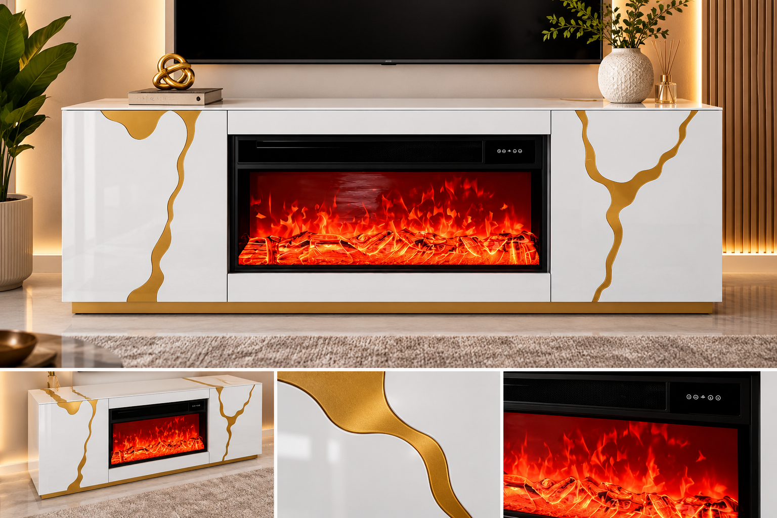71" Modern Fireplace TV Stand with Built-In Speakers – White/Gold | CBS25701