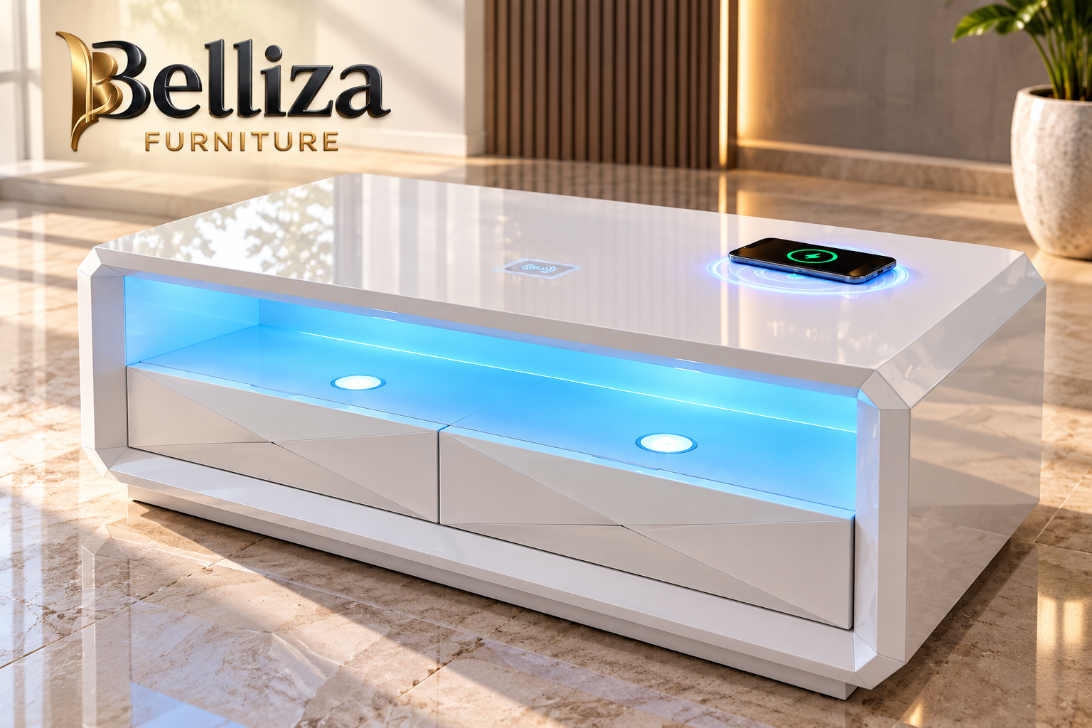 Belliza Smart LED Coffee Table with Wireless Charger & Bluetooth Speaker