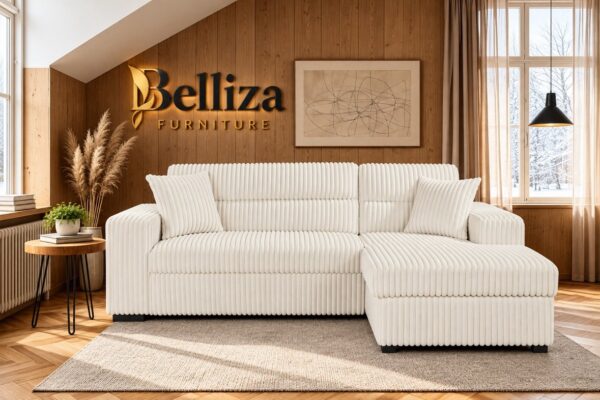 Belliza Cream Corduroy Sectional Sofa Bed with Chaise