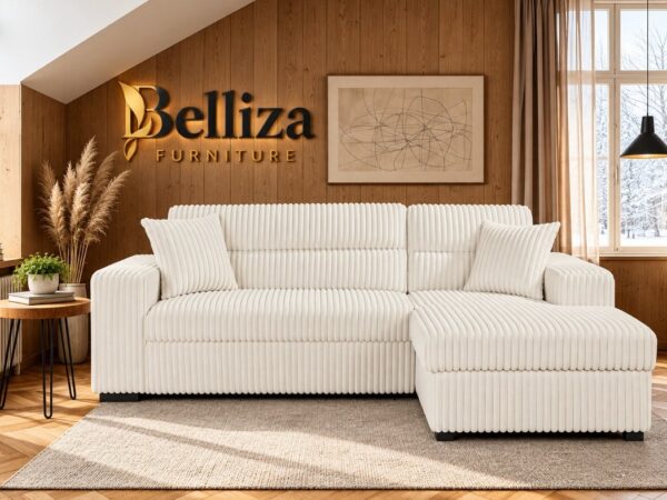 Belliza Cream Corduroy Sectional Sofa Bed with Chaise