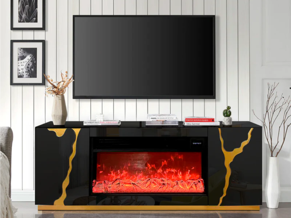 CBS25702 Modern Fireplace TV Stand with Built-In Speakers – Black & Gold 71”