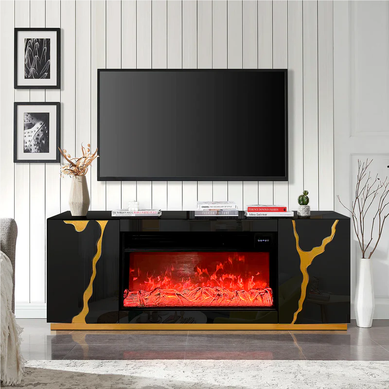 CBS25702 Modern Fireplace TV Stand with Built-In Speakers – Black & Gold 71”