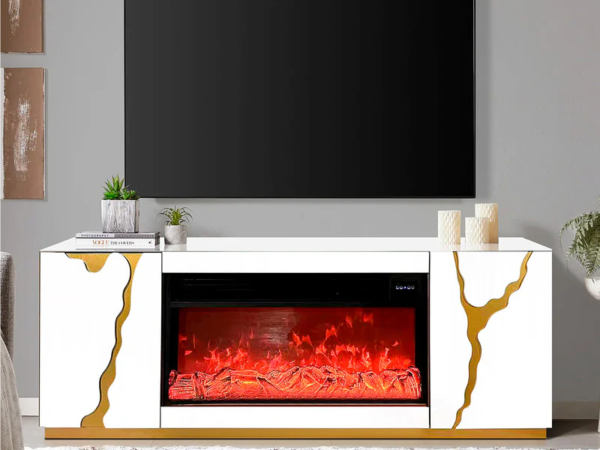 71" Modern Fireplace TV Stand with Built-In Speakers – White/Gold | CBS25701