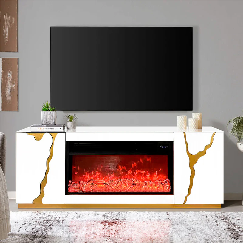71" Modern Fireplace TV Stand with Built-In Speakers – White/Gold | CBS25701
