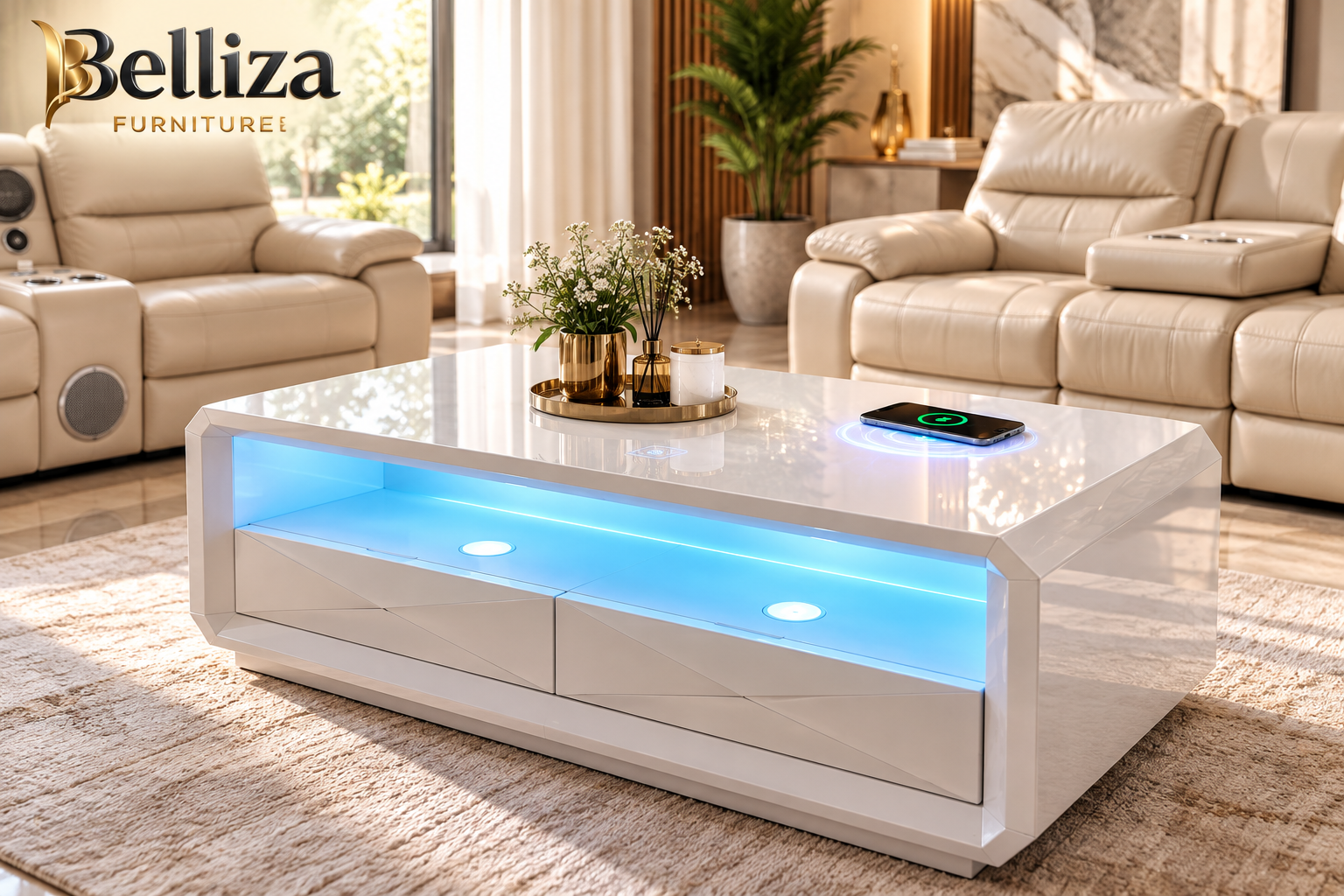 Belliza Smart LED Coffee Table with Wireless Charger & Bluetooth Speaker