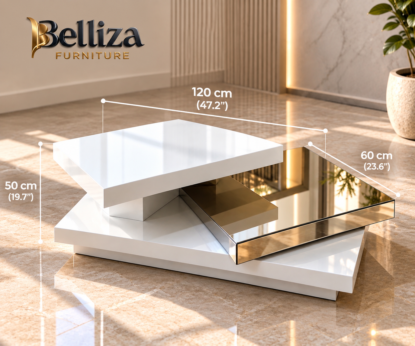 Belliza Modern Geometric Mirrored Coffee Table – White