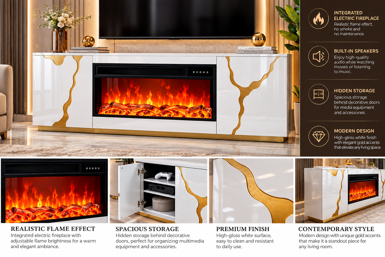 71" Modern Fireplace TV Stand with Built-In Speakers – White/Gold | CBS25701