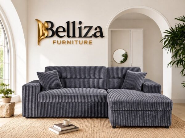 Belliza Grey Corduroy Sectional Sofa Bed with Chaise