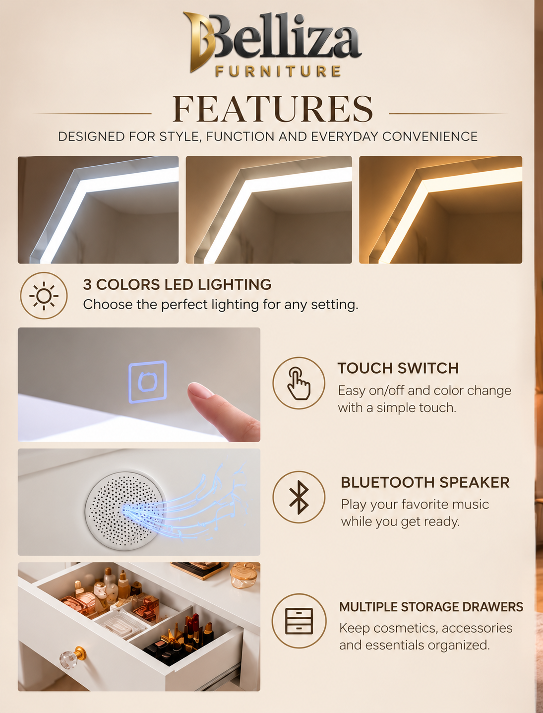 Modern White LED Vanity Set with Bluetooth Speaker & Storage