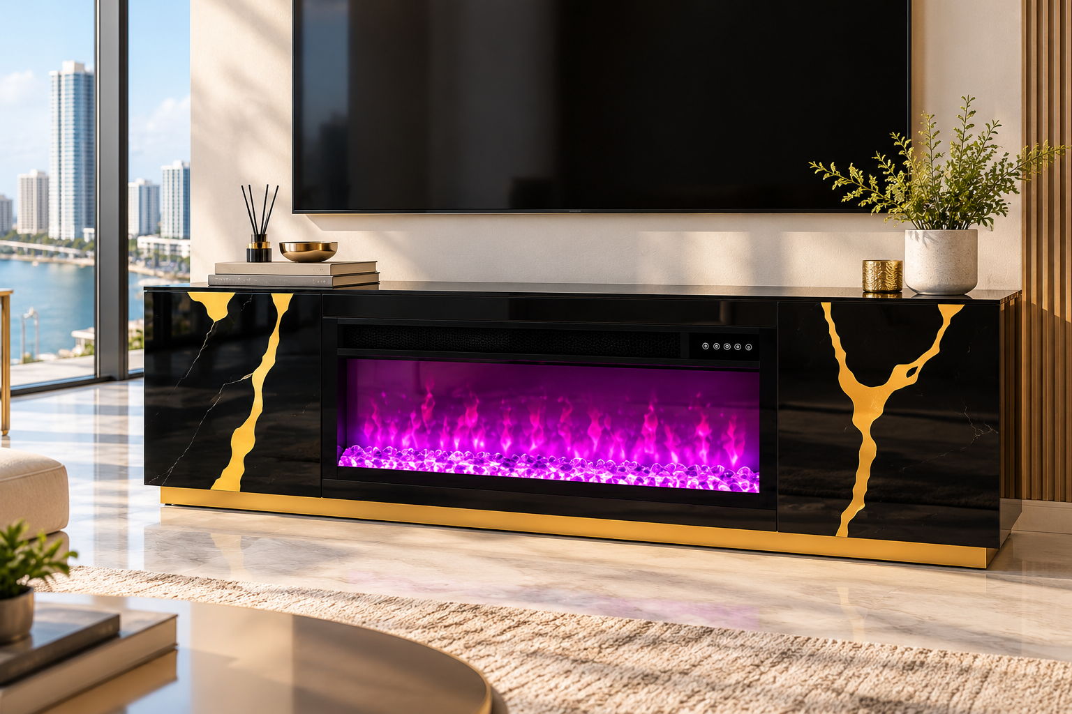 CBS25702 Modern Fireplace TV Stand with Built-In Speakers – Black & Gold 71”