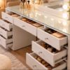White Makeup Vanity Set with LED Hollywood Mirror & Glass Top