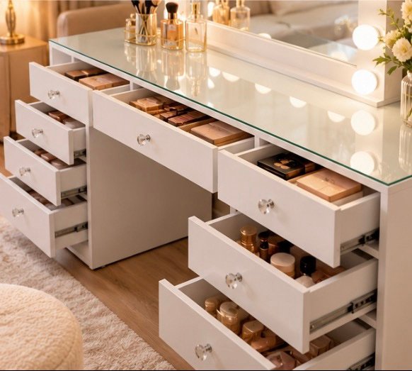 White Makeup Vanity Set with LED Hollywood Mirror & Glass Top