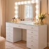 White Makeup Vanity Set with LED Hollywood Mirror & Glass Top