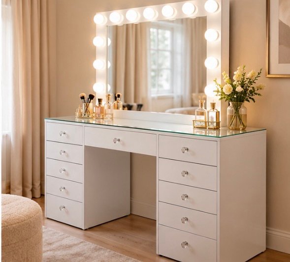 White Makeup Vanity Set with LED Hollywood Mirror & Glass Top