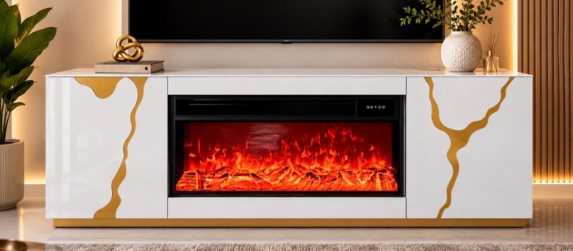 71" Modern Fireplace TV Stand with Built-In Speakers – White/Gold | CBS25701