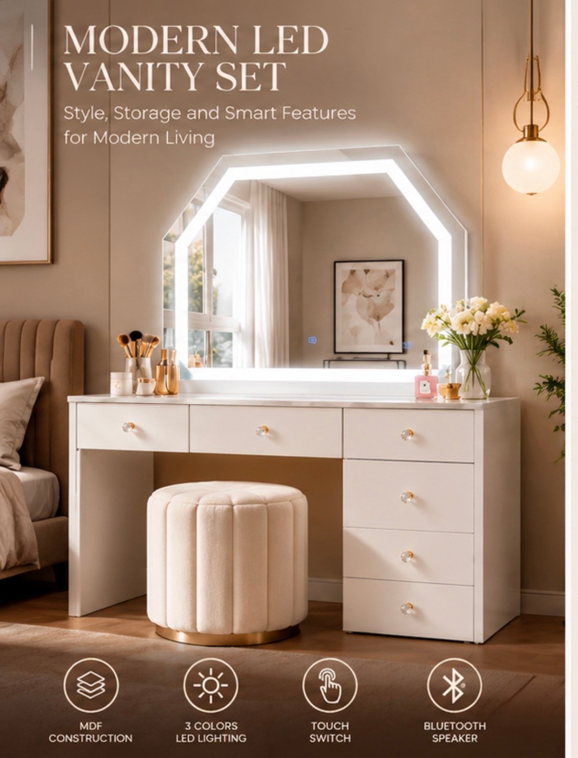 Modern White LED Vanity Set with Bluetooth Speaker & Storage